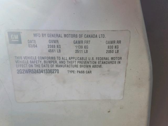 2G2WR524341336270 - 2004 PONTIAC GRAND PRIX SILVER photo 10