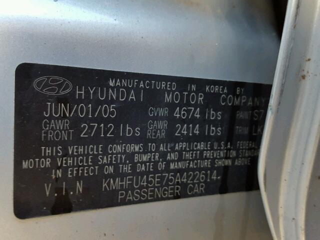 KMHFU45E75A422614 - 2005 HYUNDAI XG 350 SILVER photo 10