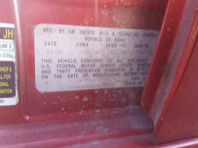 KL1TD56606B625321 - 2006 CHEVROLET AVEO BASE Czerwony zdjęcie 10