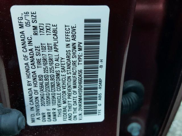 2HKRM4H59GH660456 - 2016 HONDA CR-V EX BURGUNDY photo 10