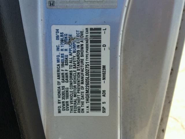 1HGEM22605L002751 - 2005 HONDA CIVIC SILVER photo 10