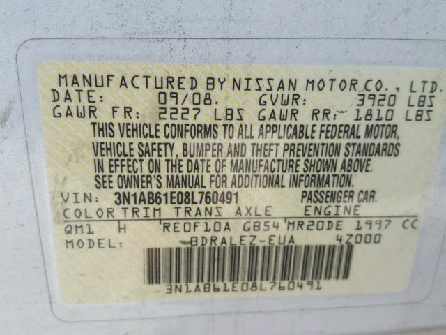 3N1AB61E08L760491 - 2008 NISSAN SENTRA WHITE photo 10