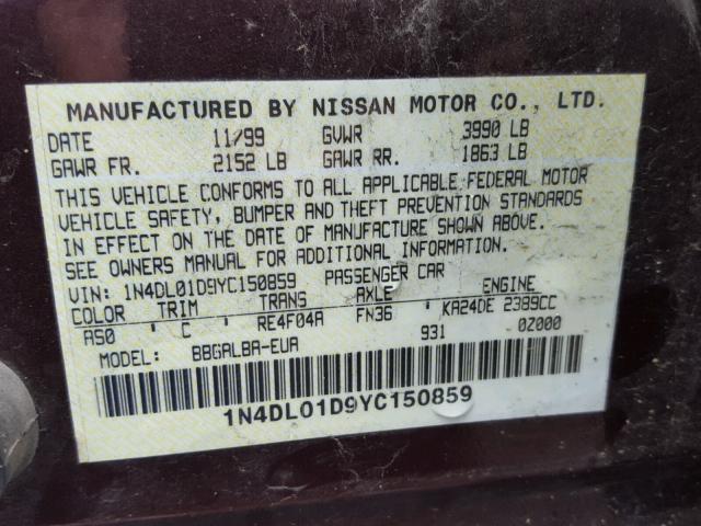 1N4DL01D9YC150859 - 2000 NISSAN ALTIMA PURPLE photo 10