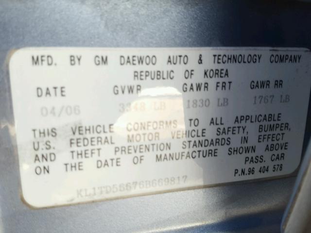 KL1TD56676B669817 - 2006 CHEVROLET AVEO BASE Niebieski zdjęcie 10