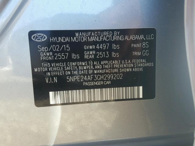 5NPE24AF3GH299202 - 2016 HYUNDAI SONATA SE SILVER photo 10