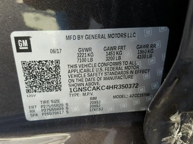 1GNSCAKC4HR350372 - 2017 CHEVROLET TAHOE C150 CHARCOAL photo 10