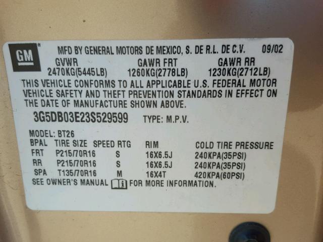 3G5DB03E23S529599 - 2003 BUICK RENDEZVOUS GOLD photo 10