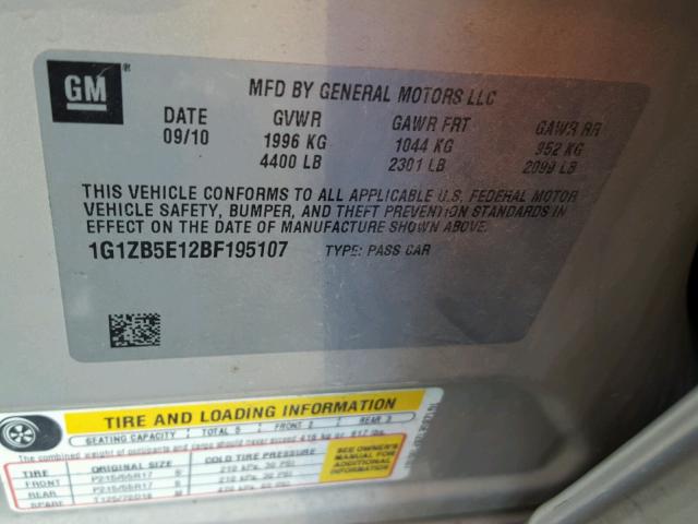 1G1ZB5E12BF195107 - 2011 CHEVROLET MALIBU ბეჟი ფოტო 10