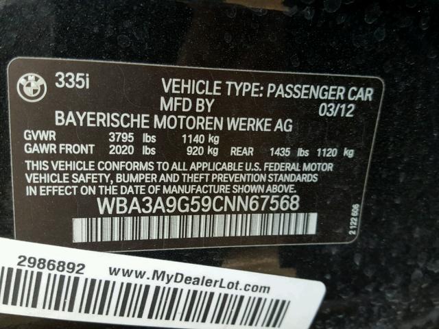 WBA3A9G59CNN67568 - 2012 BMW 335 I BLACK photo 10