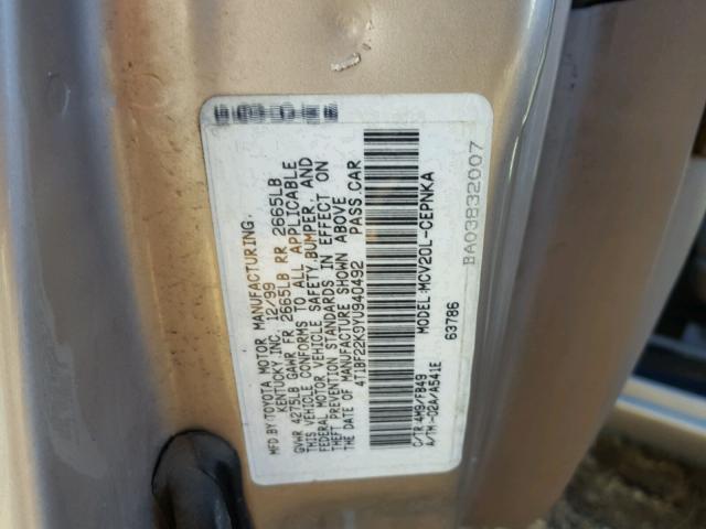 4T1BF22K9YU940492 - 2000 TOYOTA CAMRY TAN photo 10