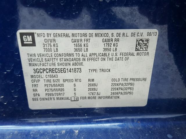 3GCPCREC5EG141873 - 2014 CHEVROLET SILVERADO BLUE photo 10