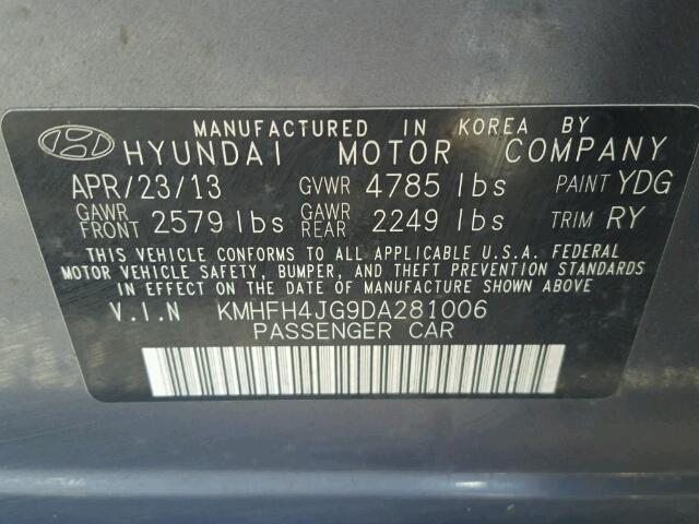 KMHFH4JG9DA281006 - 2013 HYUNDAI AZERA GRAY photo 10