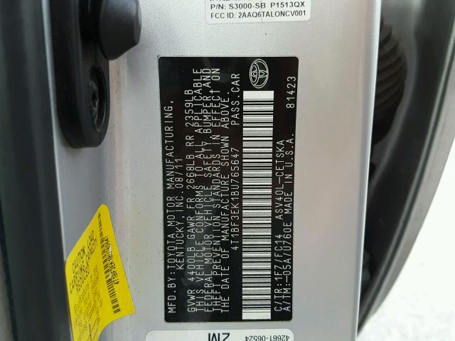 4T1BF3EK1BU765647 - 2011 TOYOTA CAMRY BASE SILVER photo 10