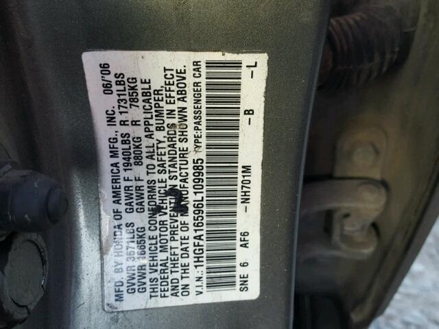 1HGFA16596L109985 - 2006 HONDA CIVIC LX SILVER photo 10