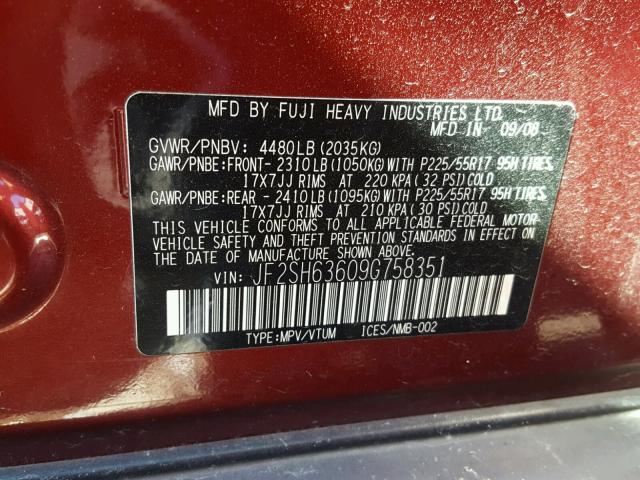 JF2SH63609G758351 - 2009 SUBARU FORESTER MAROON photo 10