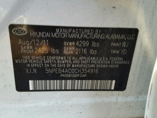 5NPEB4AC0CH354916 - 2012 HYUNDAI SONATA WHITE photo 10