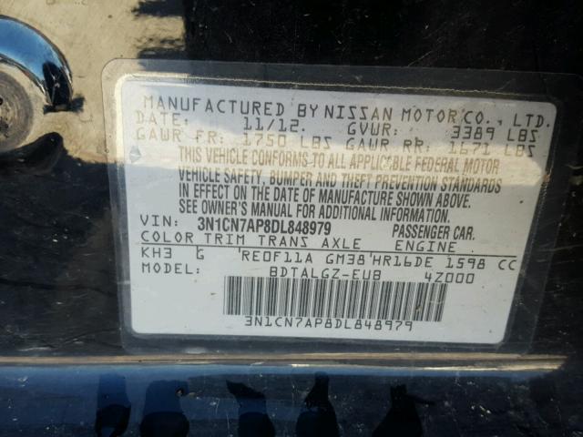 3N1CN7AP8DL848979 - 2013 NISSAN VERSA S BLACK photo 10