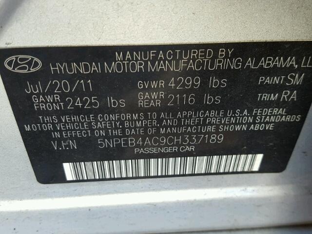 5NPEB4AC9CH337189 - 2012 HYUNDAI SONATA GLS SILVER photo 10