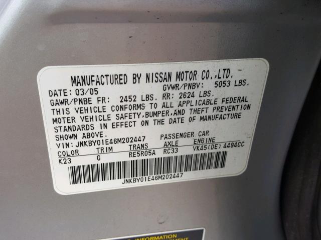 JNKBY01E46M202447 - 2006 INFINITI M45 BASE SILVER photo 10