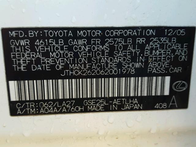 JTHCK262062001978 - 2006 LEXUS IS 250 WHITE photo 10