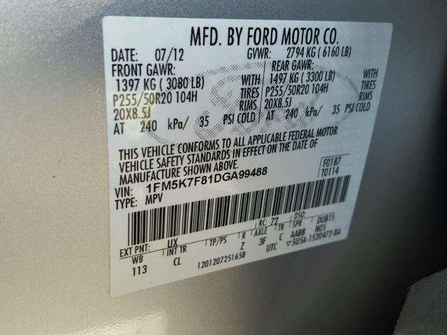 1FM5K7F81DGA99488 - 2013 FORD EXPLORER L SILVER photo 10