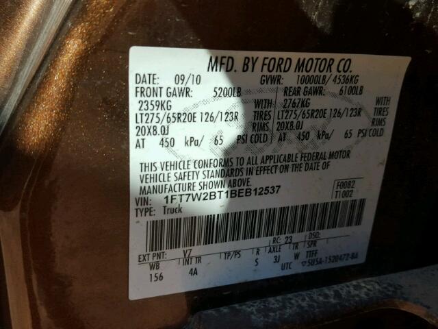 1FT7W2BT1BEB12537 - 2011 FORD F250 SUPER BROWN photo 10