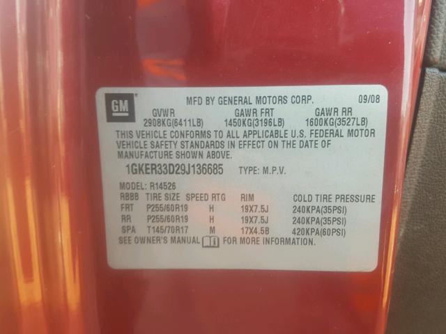 1GKER33D29J136685 - 2009 GMC ACADIA SLT 红色 照片 10