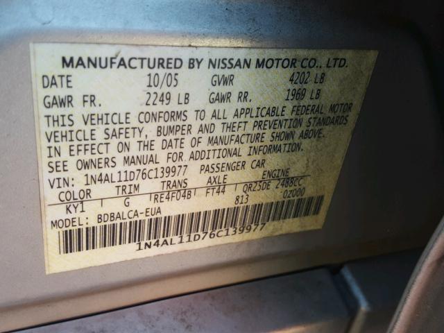 1N4AL11D76C139977 - 2006 NISSAN ALTIMA S SILVER photo 10