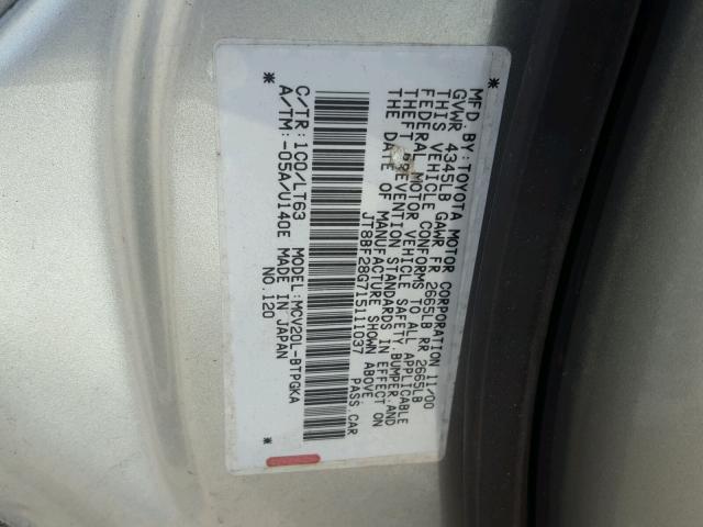 JT8BF28G715111037 - 2001 LEXUS ES 300 SILVER photo 10