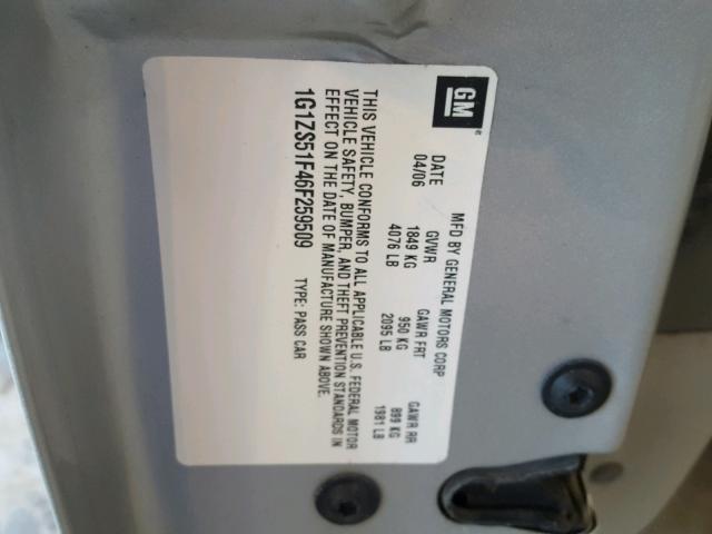 1G1ZS51F46F259509 - 2006 CHEVROLET MALIBU LS ვერცხლისფერი ფოტო 10