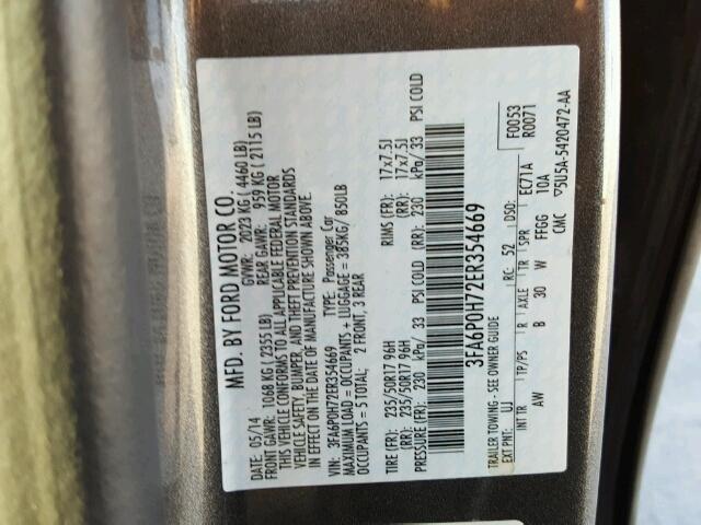 3FA6P0H72ER354669 - 2014 FORD FUSION SE GRAY photo 10