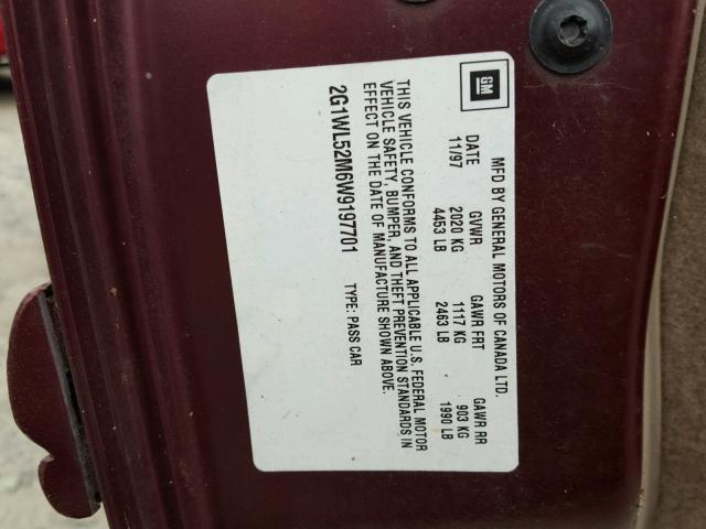 2G1WL52M6W9197701 - 1998 CHEVROLET LUMINA BAS MAROON photo 10