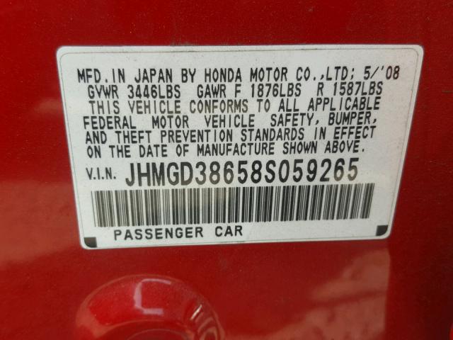 JHMGD38658S059265 - 2008 HONDA FIT SPORT RED photo 10