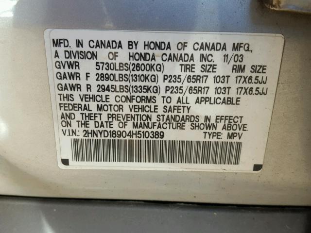 2HNYD18904H510389 - 2004 ACURA MDX TOURIN SILVER photo 10