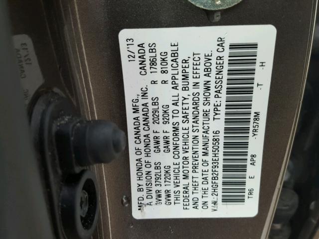 2HGFB2F93EH505816 - 2014 HONDA CIVIC EXL 棕色 照片 10