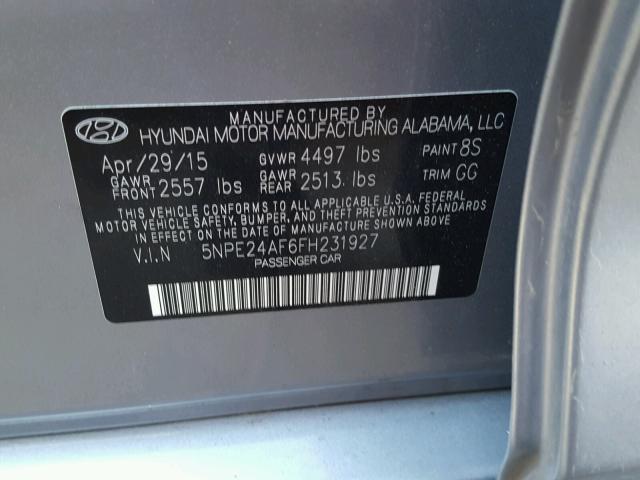 5NPE24AF6FH231927 - 2015 HYUNDAI SONATA SE SILVER photo 10