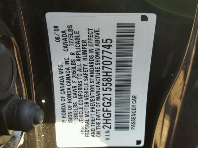 2HGFG21558H707745 - 2008 HONDA CIVIC BLACK photo 10