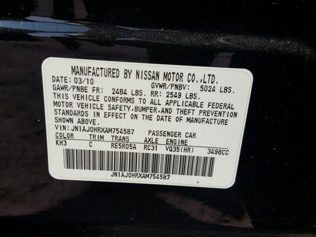 JN1AJ0HRXAM754587 - 2010 INFINITI EX35 BASE BLACK photo 10