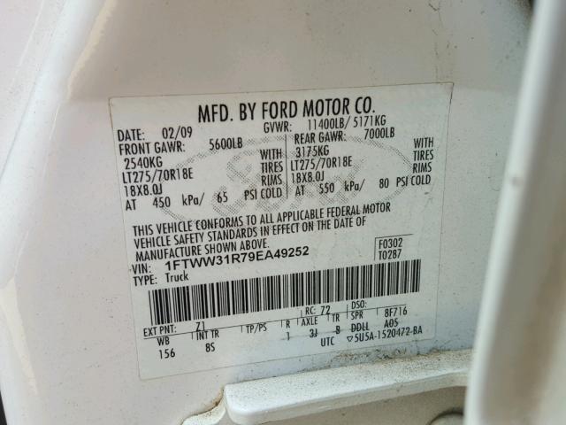 1FTWW31R79EA49252 - 2009 FORD F350 SUPER WHITE photo 10