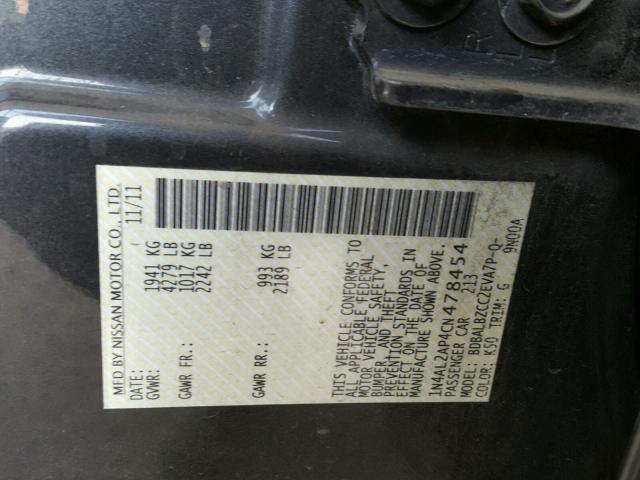 1N4AL2AP4CN478454 - 2012 NISSAN ALTIMA BAS CHARCOAL photo 10