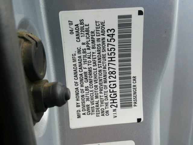 2HGFG12877H557543 - 2007 HONDA CIVIC EX SILVER photo 10