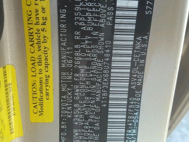 4T1BF3EK6BU748410 - 2011 TOYOTA CAMRY BASE ოქროსფერი ფოტო 10