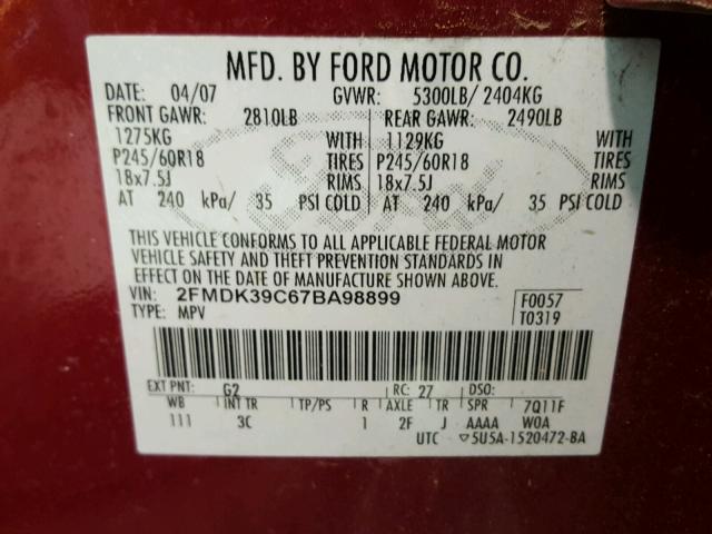 2FMDK39C67BA98899 - 2007 FORD EDGE SEL P RED photo 10