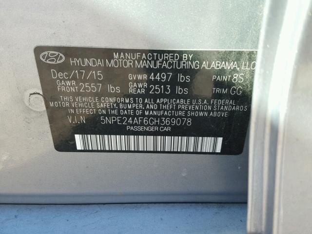 5NPE24AF6GH369078 - 2016 HYUNDAI SONATA SE GRAY photo 10