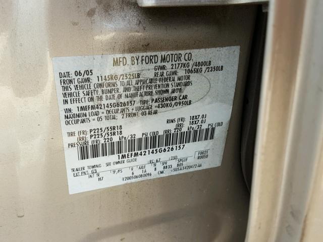 1MEFM42145G626157 - 2005 MERCURY MONTEGO PR 金色 照片 10