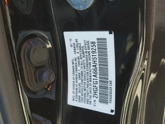 2HGFG1A66AH519258 - 2010 HONDA CIVIC LX BLACK photo 10