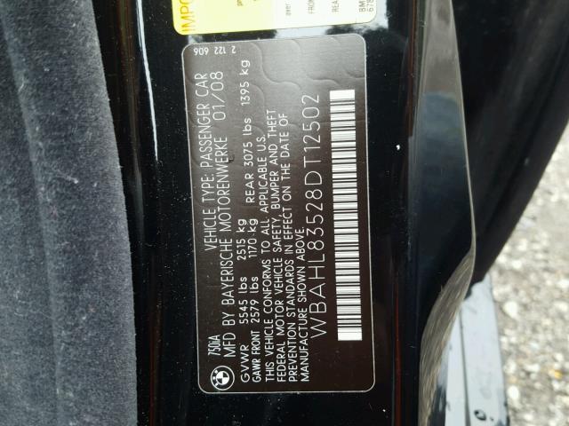 WBAHL83528DT12502 - 2008 BMW 750I BLACK photo 10