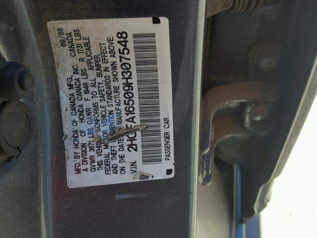 2HGFA16509H307548 - 2009 HONDA CIVIC CHARCOAL photo 10