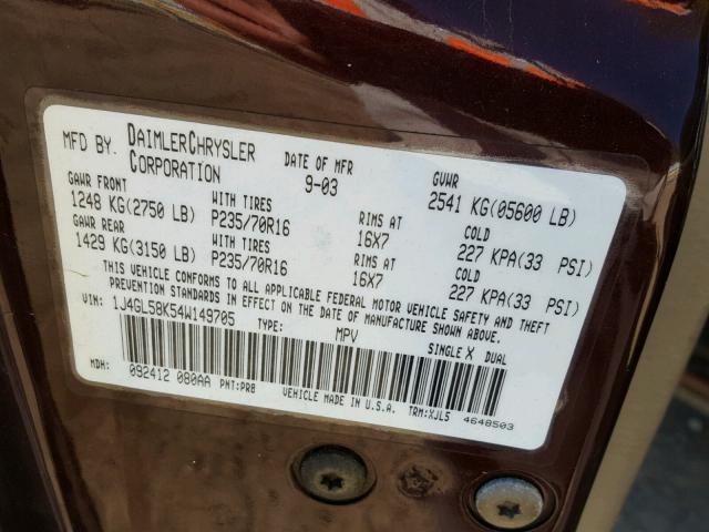 1J4GL58K54W149705 - 2004 JEEP LIBERTY PURPLE photo 10
