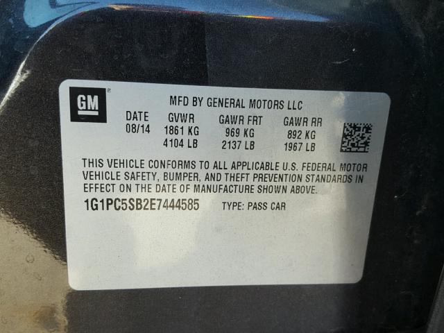 1G1PC5SB2E7444585 - 2014 CHEVROLET CRUZE LT CHARCOAL photo 10